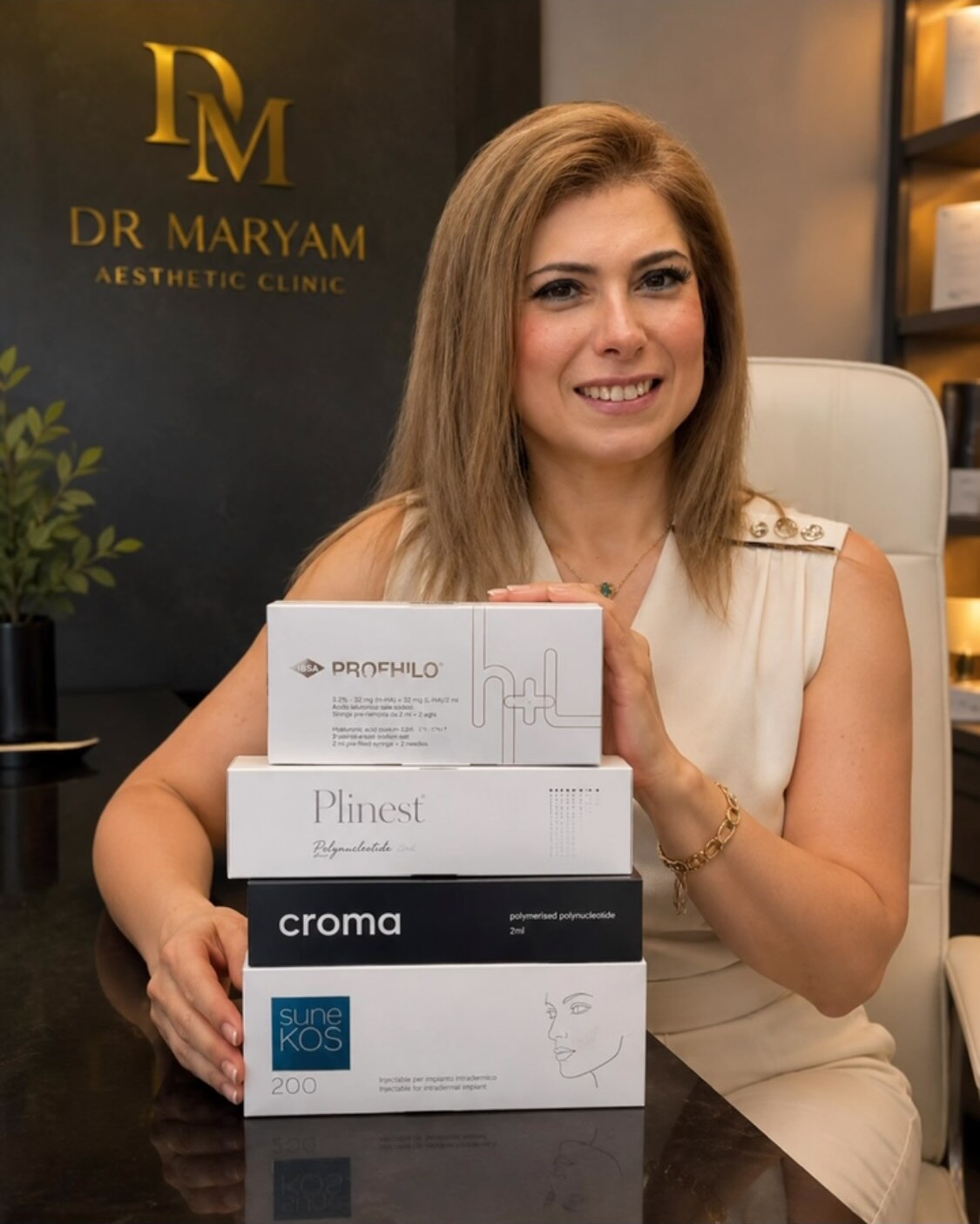 Dr Maryam Entezami with Profhilo, polynucleotide and Sunekos products