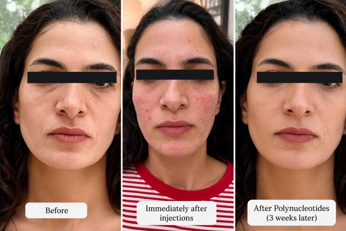 Polynucleotide before, immediately after and three-week follow-up with eyes covered