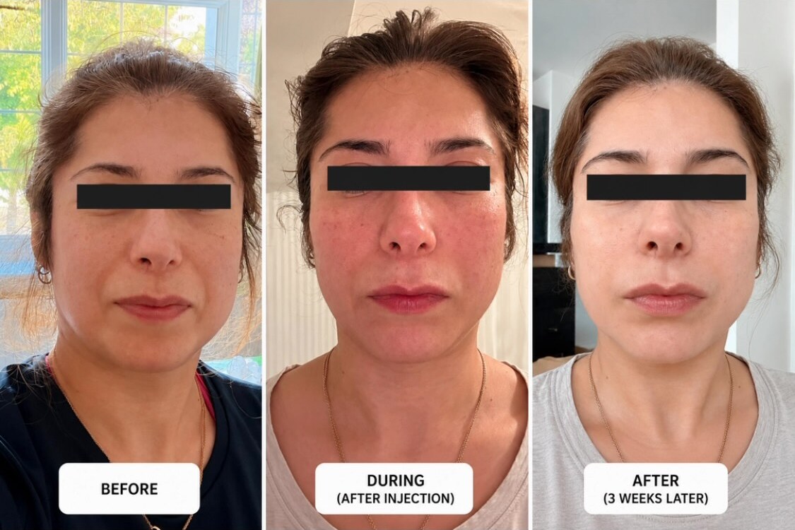 Profhilo before, immediately after and three-week follow-up with eyes covered